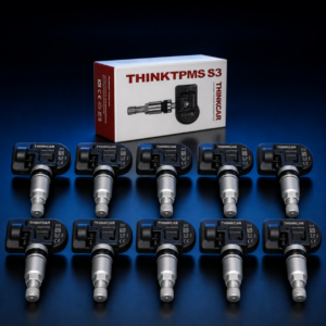 Zehn THINKCAR S3 RDKS TPMS Sensoren auf dunklem OBDWelt-Hintergrund