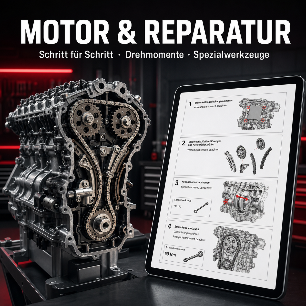 Motor-Reparaturanleitung mit Steuerkette, Drehmomenten und Spezialwerkzeugen