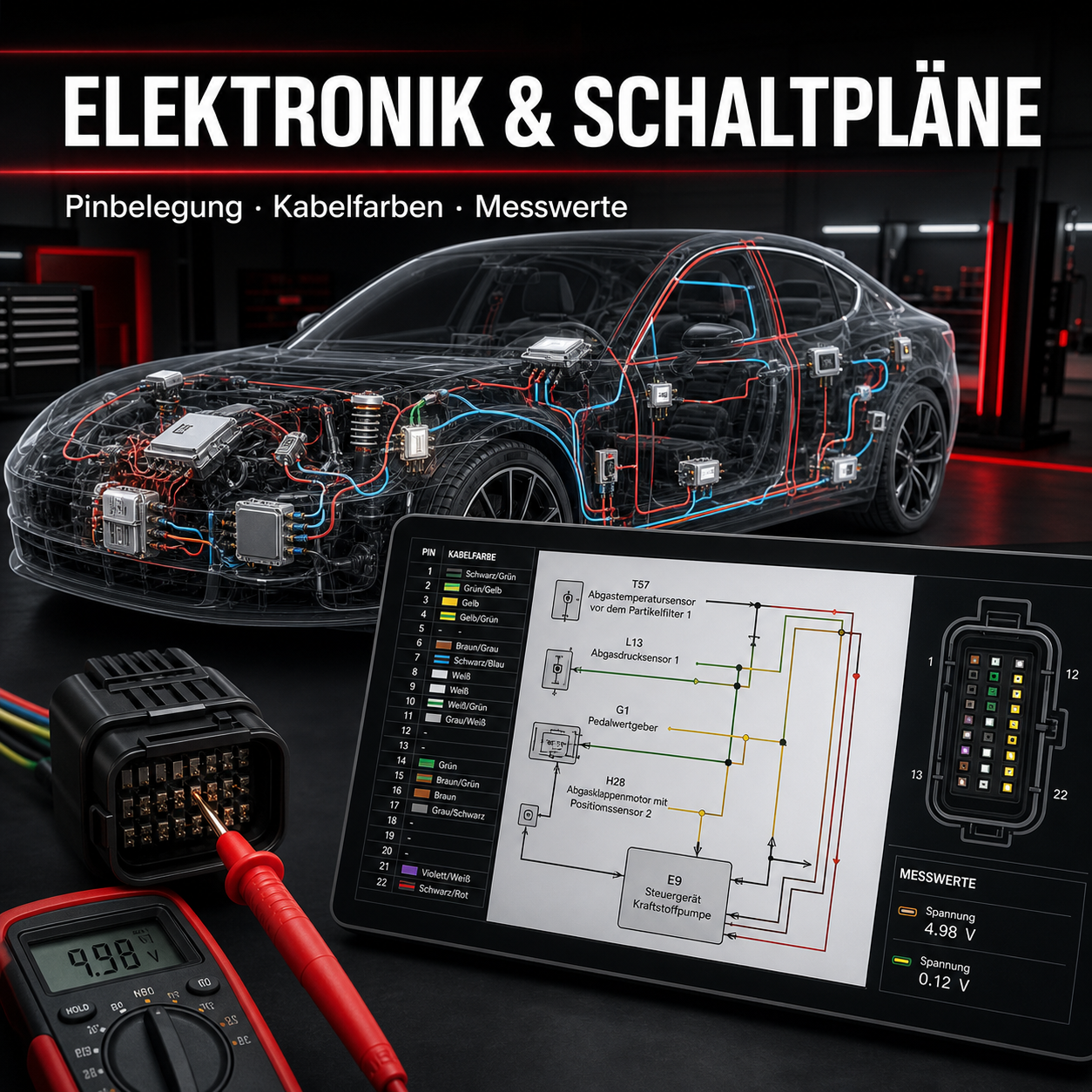 Elektrische Schaltpläne mit Pinbelegung, Kabelfarben und Messwerten