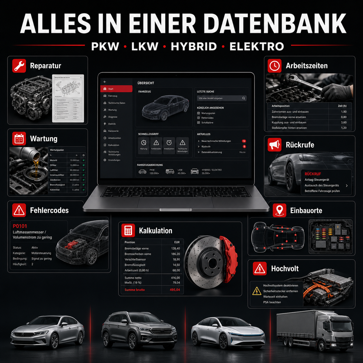 Reparatur Datenbank für PKW und LKW mit Wartung, Fehlercodes und Kalkulation