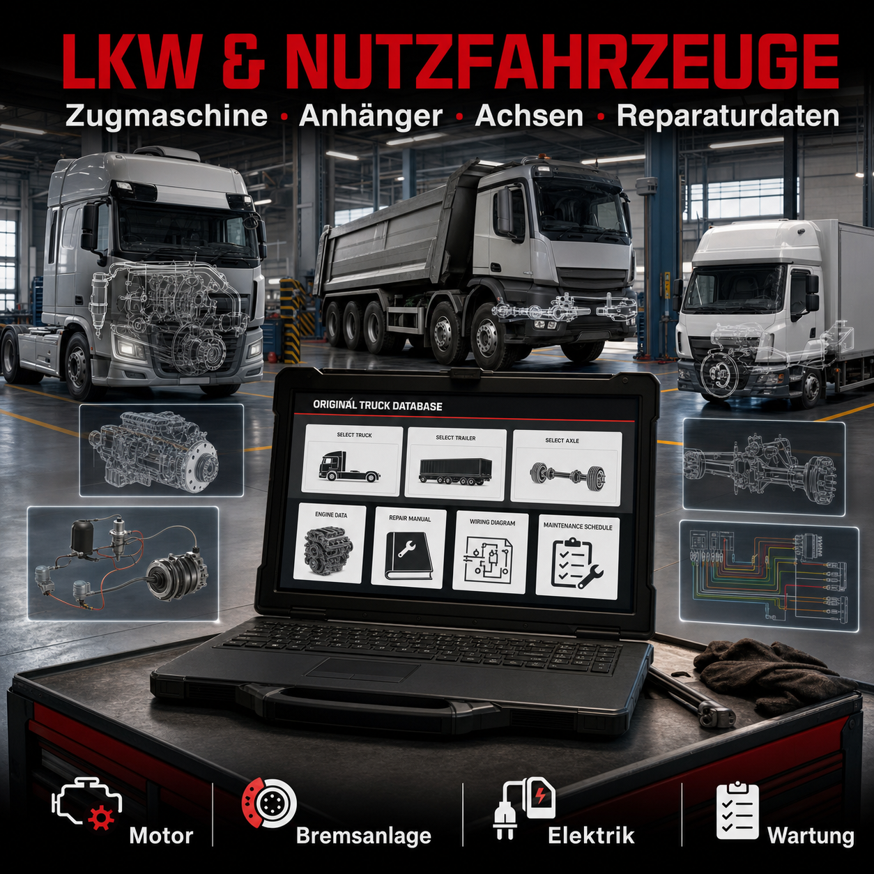 LKW- und Nutzfahrzeug-Reparaturdaten für Motor, Bremsanlage, Elektrik und Wartung